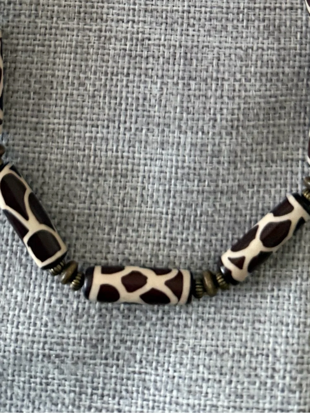 Safari Giraffe Print Tube Bead Statement Necklace | Artisan Tribal Bronze Tone